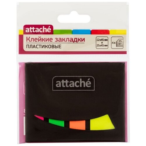 Клейкие закладки пластиковые Attache, 4 цвета по 25л., 12х45мм