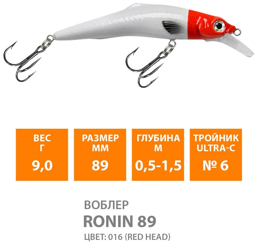 Воблер для рыбалки плавающий AQUA Ronin 89mm 9g заглубление от 0,5 до 1.5m. цвет 016