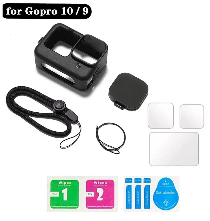 Силиконовый защитный чехол черный + Набор защитных стекол Vamson для GoPro HERO9 Black/ HERO 10 Black — фото 1