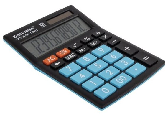 Калькулятор настольный Brauberg ULTRA COLOR-12-BKBU (192x143 мм), 12 разрядов, двойное питание, черно-голубой, 250497