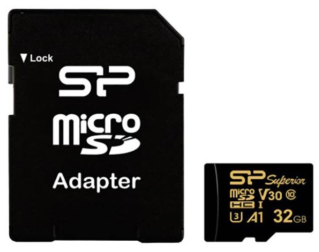 Карта памяти 32Gb - Silicon Power Superior Golden A1 MicroSDHC Class 10 UHS-I U3 A1 SP032GBSTHDV3V1GSP с адаптером SD