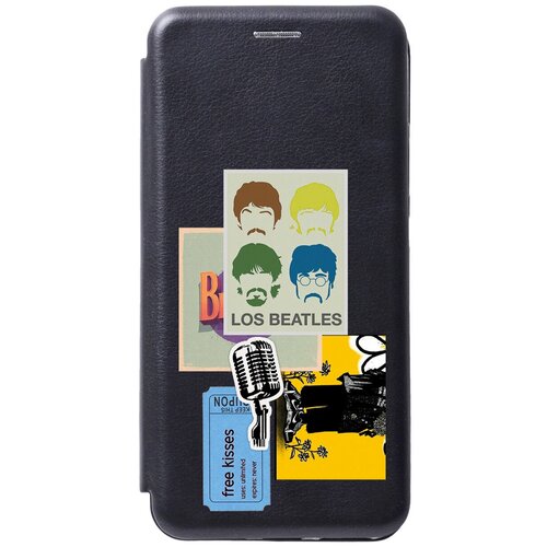 Чехол-книжка на Samsung Galaxy S10, Самсунг С10 с 3D принтом Beatles Stickers черный чехол книжка на samsung galaxy s10 самсунг с10 с 3d принтом beatles stickers черный