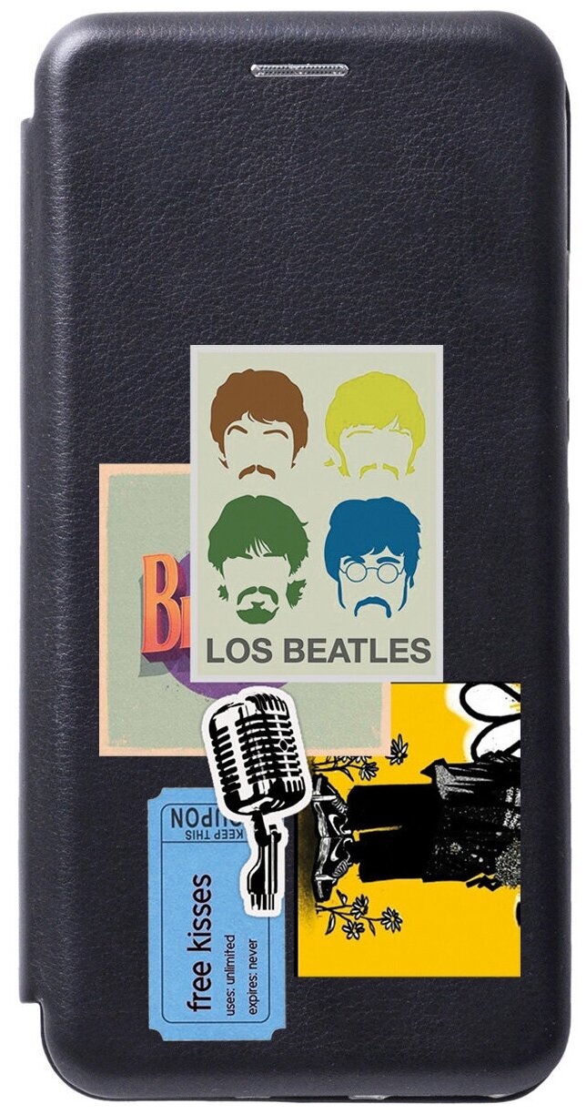 Чехол-книжка на Samsung Galaxy S10, Самсунг С10 с 3D принтом "Beatles Stickers" черный