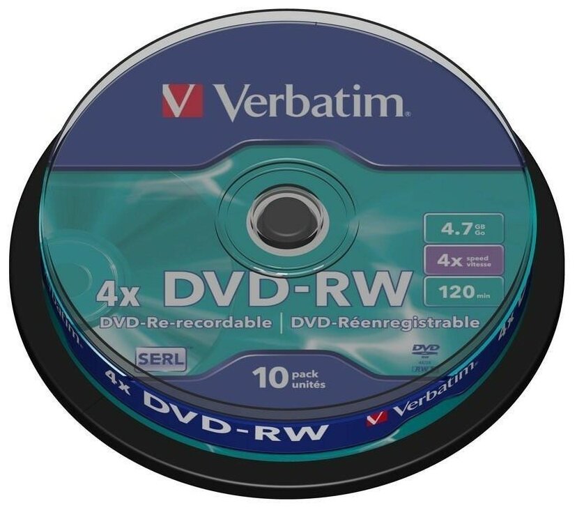 Диск DVD-RW Verbatim 43552 4.7ГБ, 4x, 10 шт, Cake Box