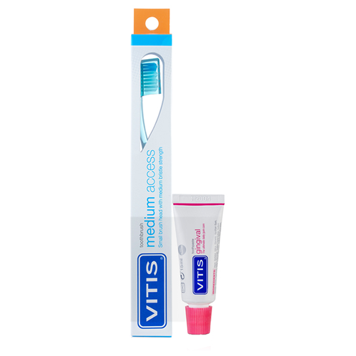 Купить Щётка зубная в твердой упаковке Vitis Medium Access + Зубная паста Vitis Gingival 15 мл, Dentaid