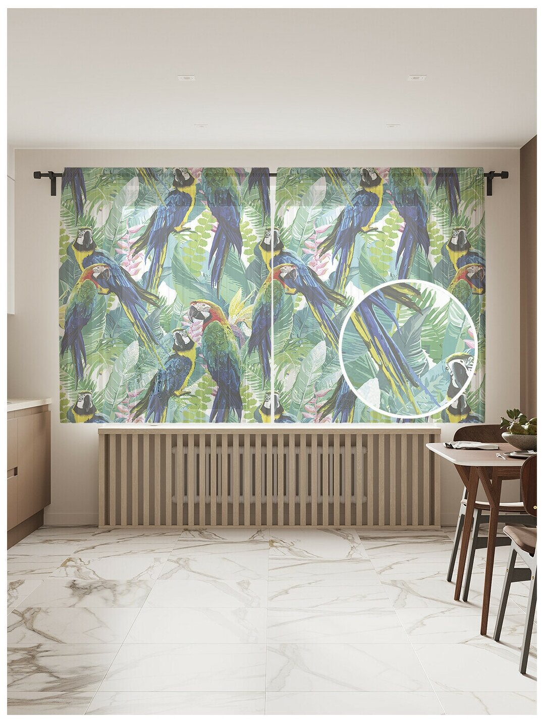 Тюль для кухни и спальни JoyArty "Остановка попугаев", 2 полотна со шторной лентой шириной по 145 см, высота 180 см.