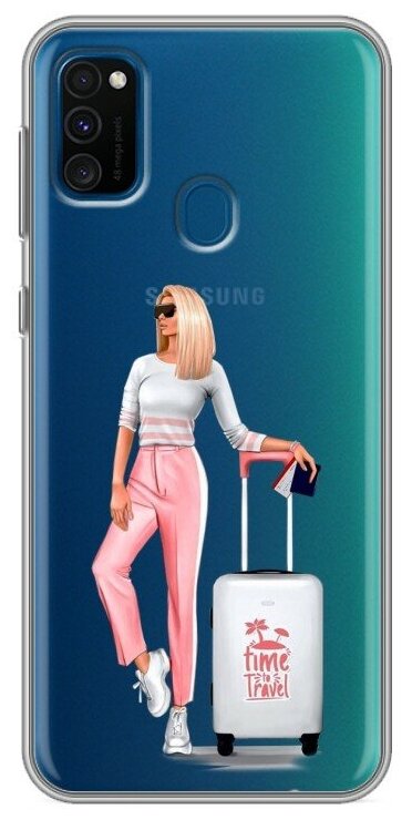 Полупрозрачный дизайнерский силиконовый чехол для Самсунг Гэлакси М21 / Samsung Galaxy M21 Девушка с чемоданом