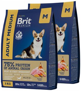 Фото BRIT PREMIUM DOG ADULT MEDIUM для взрослых собак средних пород с курицей (3 + 3 кг)