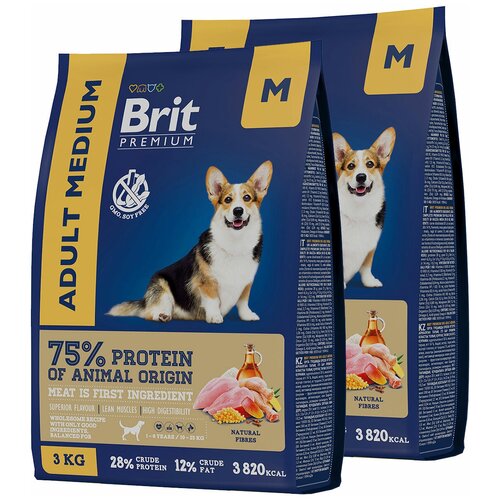 BRIT PREMIUM DOG ADULT MEDIUM для взрослых собак средних пород с курицей (3 + 3 кг) probiotic live dog диетический для пожилых собак всех пород с курицей 12 кг