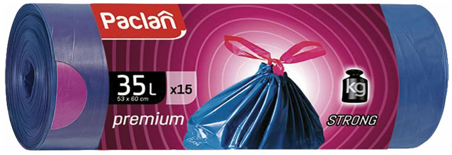 Мешки для мусора PACLAN 35 л, завязки, синие, в рулоне 15 шт, полиэтилен, 60х53 см, "Premium" (402170)