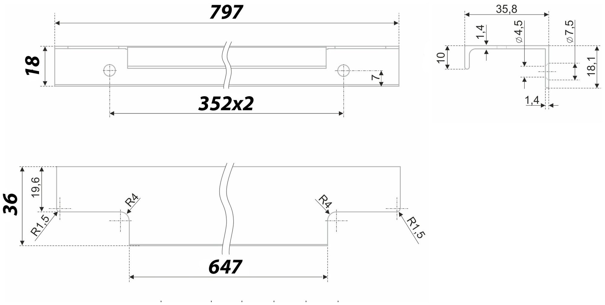 Мебельная ручка торцевая RAY, длина - 797 мм, установочный размер - 704 мм, цвет - Сатиновый хром, RT109SC - фотография № 3