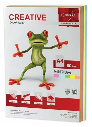 Бумага цветная CREATIVE color, А4, 80 г/м2, 250 л, (5 цветов х 50 л.), микс медиум, БОpr-250r