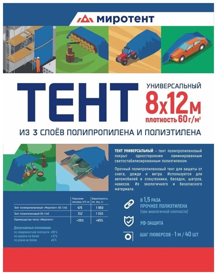 Тент универсальный 8х12 м Миротент 60, защитный полог тарпаулин на садовые качели, бассейн, автомобиль, укрывной туристический брезент с люверсами