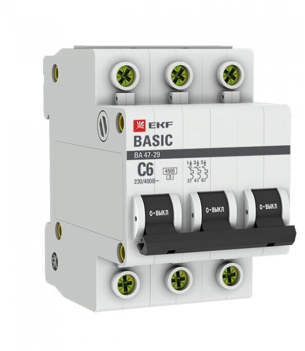 EKF Выключатель автоматический трехполюсный 6А С ВА47-29 4.5кА (mcb4729-3-06C)