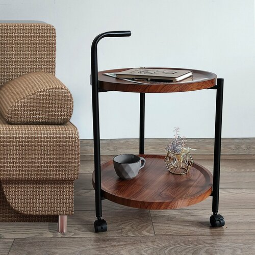 Стол журнальный 2-х ярусный на колесах рама черный метал МДФ орех Baizheng 4856₽