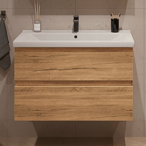 Изображение товара Тумба подвесная SanStar Lavanti 100 с раковиной Миранда 100 (комплект) для ванной комнаты Дуб вотан