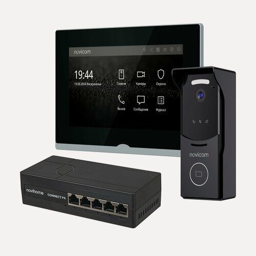 Изображение товара Комплект IP-видеодомофона Novicam IMPULSE 7 IP KIT BLACK. Видеодомофон, вызывная панель, PoE-коммутатор.