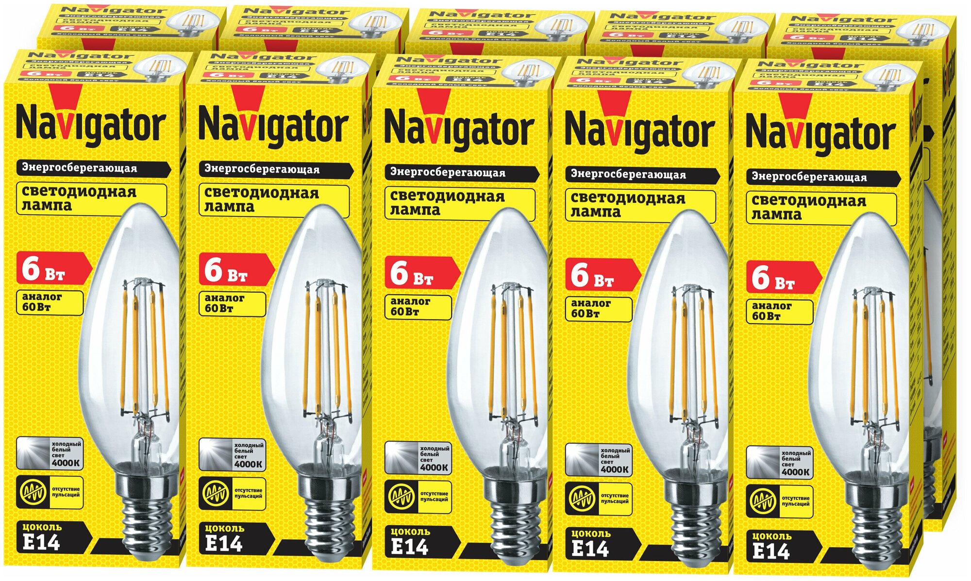Лампа светодиодная Navigator 61 356, 6 Вт, свеча Е14, дневной свет 4000K, упаковка 10 шт.