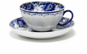 Фото Чашка с блюдцем чайная. Гжельская Мануфактура. Форма Белый лебедь. Рисунок Голубые тюльпаны Золото. 275 мл