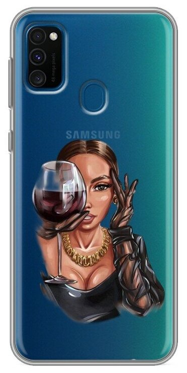 Полупрозрачный дизайнерский силиконовый чехол для Самсунг Гэлакси М21 / Samsung Galaxy M21 Девушка и вино
