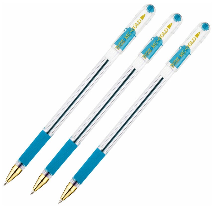 Ручка шариковая MunHwa "MC Gold" голубая, 0,5 мм, грип (3 штуки)