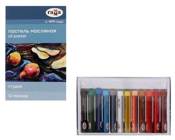 Пастель масляная, набор 12 цветов, Гамма "Студия", d-8мм, l-65мм, в картонной коробке