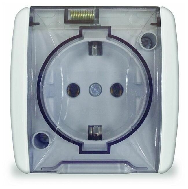 фото Розетка 1-м ОП Клио 16А IP44 с заземл. с прозр. крышкой бел. UNIVersal К2229