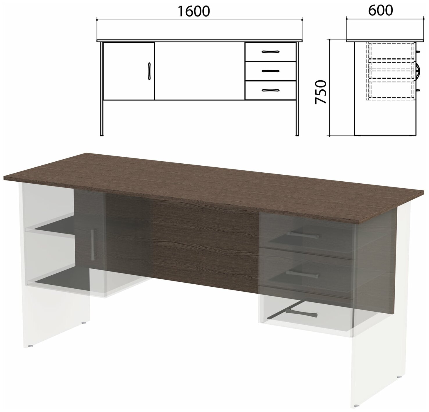 Столешница, царга стола письменного с 2 тумбами "Канц" 1600х600х750 мм, венге, СК28.16.1 - 1 шт.