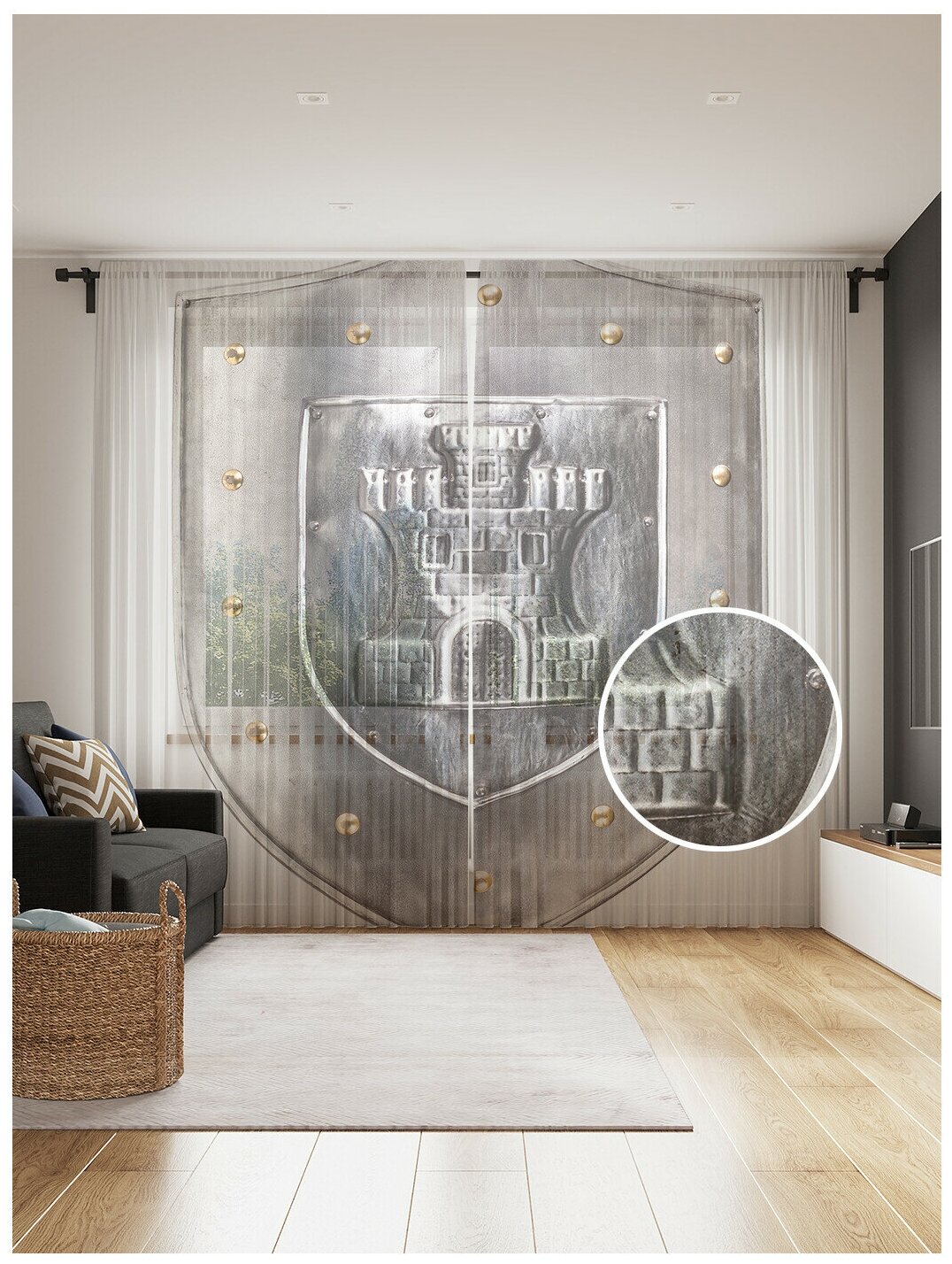 Тюль для кухни и спальни JoyArty "Средневековый рыцарский щит", 2 полотна со шторной лентой шириной по 145 см, высота 265 см.