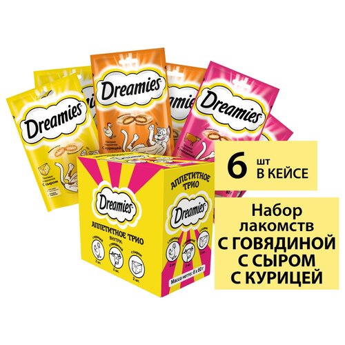 Лакомство для кошек Dreamies Аппетитное трио, 360 г (шоу бокс) ассорти лакомство dreamies лакомые подушечки с курицей 60г