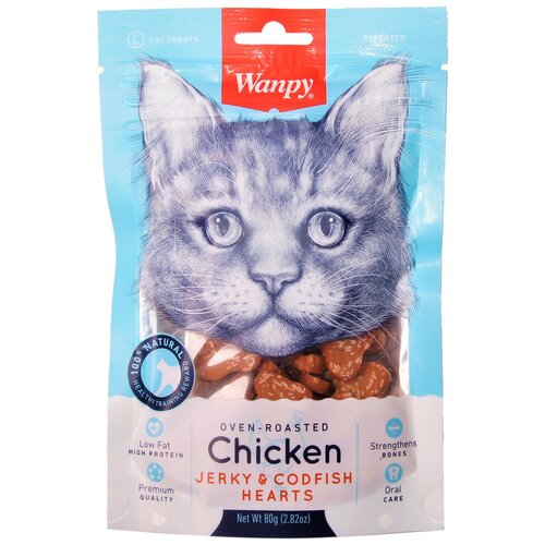 Wanpy Cat Лакомство для кошек сердечки из курицы с треской 80 г