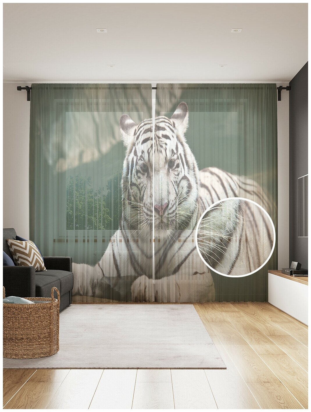 Тюль для кухни и спальни JoyArty "Тигр альбинос", 2 полотна со шторной лентой шириной по 145 см, высота 265 см.