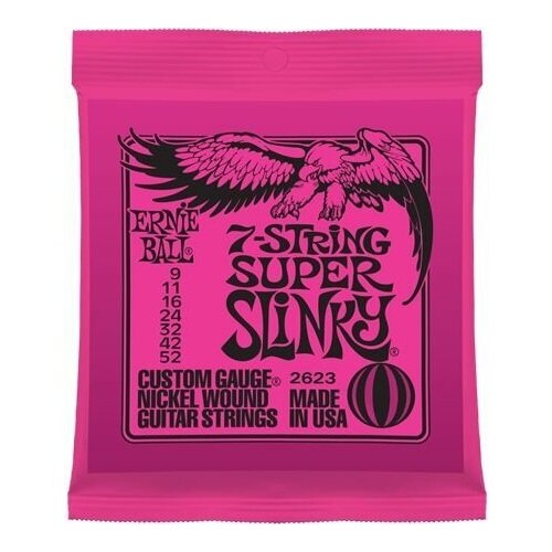 Струны для 7-струнной электрогитары Ernie Ball P02623 7-string Super Slinky Nickel Wound (9-11-16-24w-32-42-52) p02621 regular slinky комплект cтрун для 7 струнной электрогитары никель 10 56 ernie ball