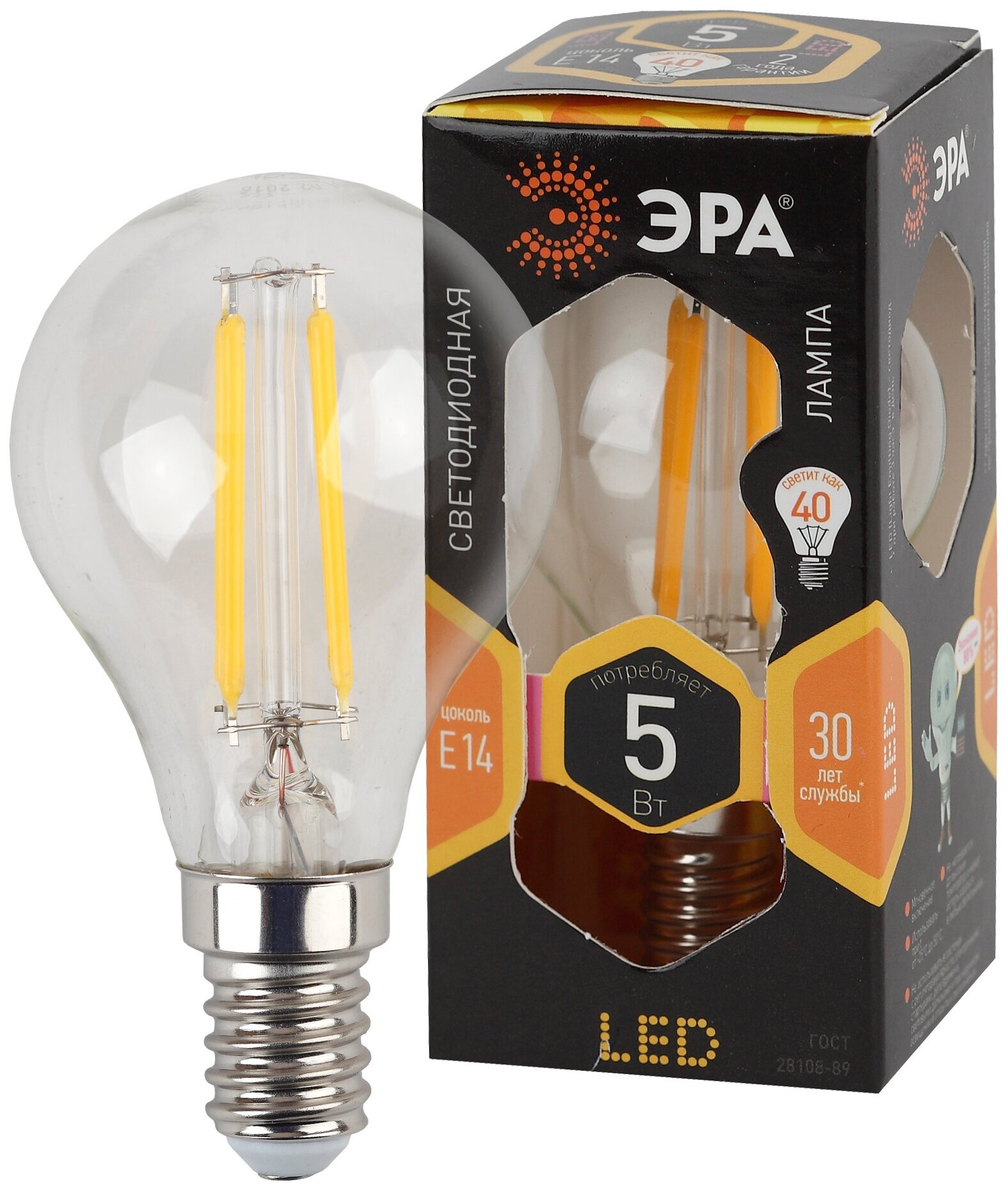 Лампочка светодиодная ЭРА F-LED P45-5W-827-E14 Е14 5Вт филамент шар теплый белый свет арт. Б0043437 (1 шт.)