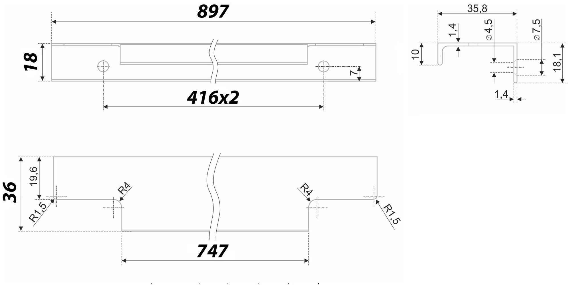Мебельная ручка торцевая RAY, длина - 897 мм, установочный размер - 832 мм, цвет - SST- Нержавеющая сталь, RT109SST - фотография № 3