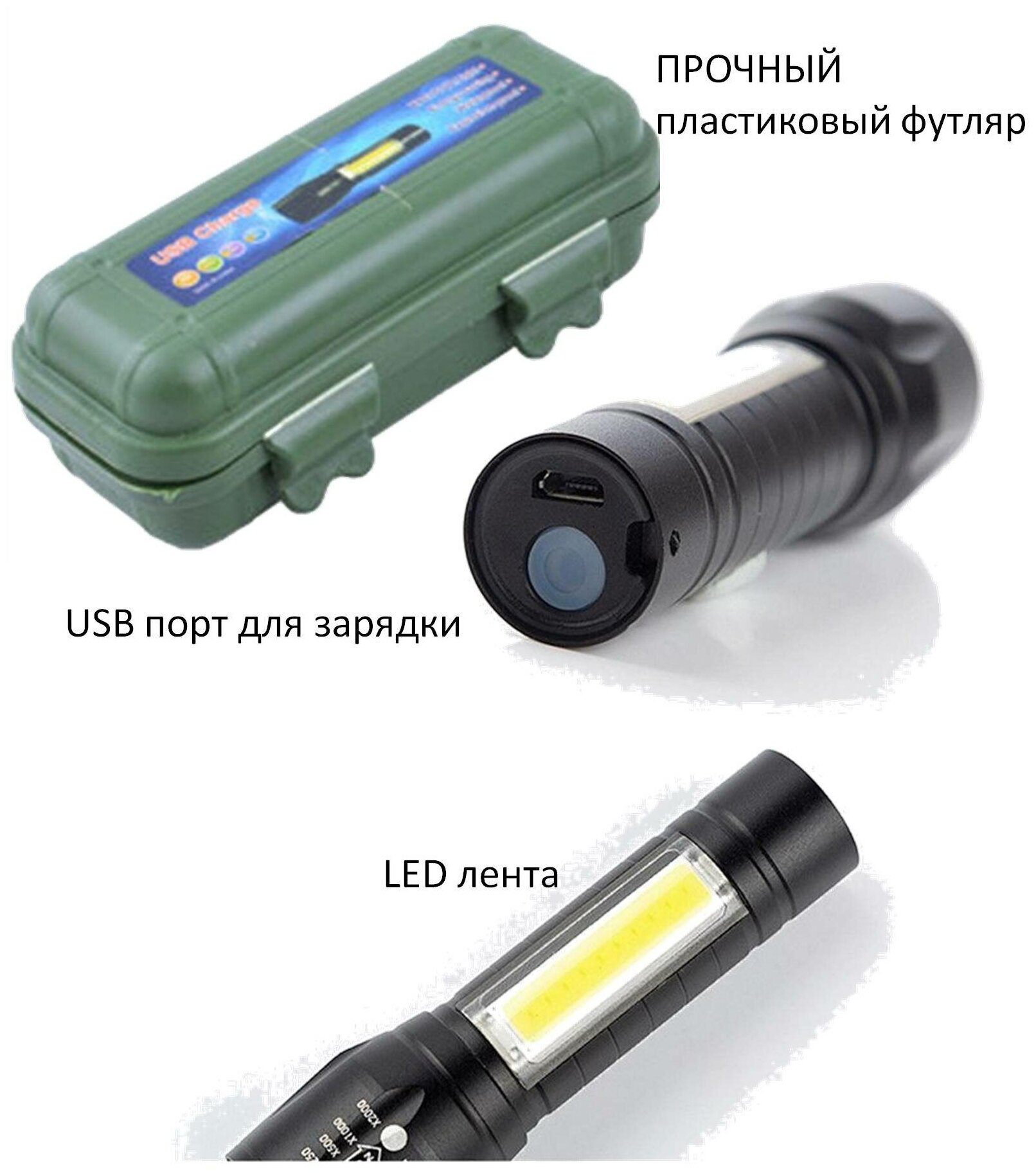 Ручной фонарь 535-Т6 с линзой Т6 и с LED лентой в подарочном пластиковом футляре