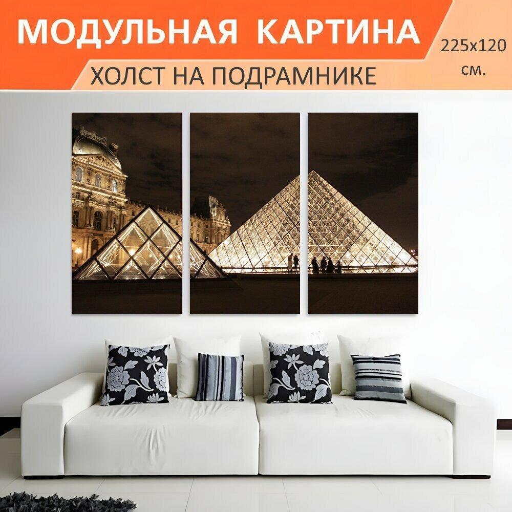 Модульная картина на холсте "Париж, франция, лувр" триптих на подрамнике 225х120 см. для интерьера