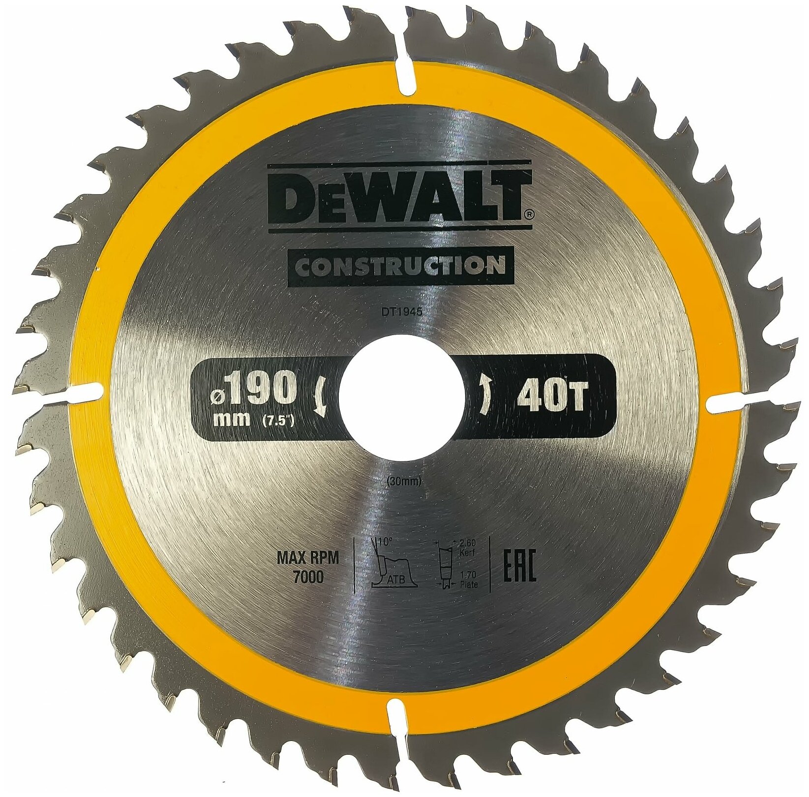 Диск пильный DeWalt твердосплавный 190х30 мм, 40 зубьев CONSTRUCTION DT1945 - фотография № 1