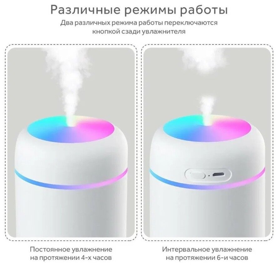 Увлажнитель воздуха, портативный увлажнитель с LED подсветкой, увлажнитель H2O. 300мл, белого цвета - фотография № 18