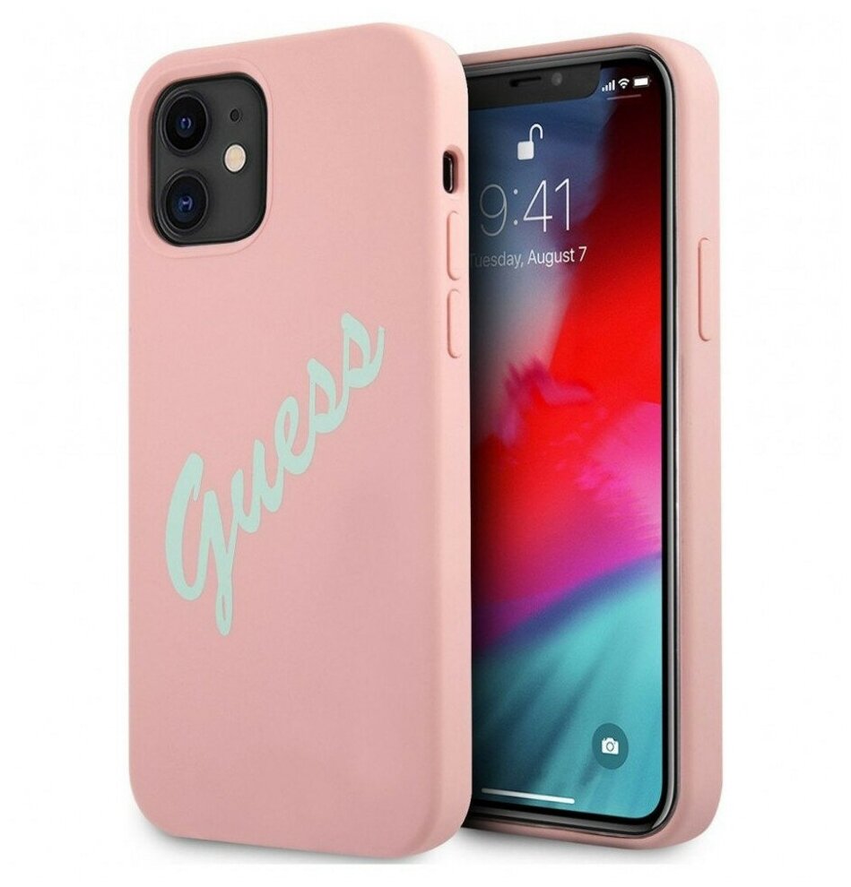 Guess для iPhone 12 mini (5.4) чехол Liquid silicone Script logo Pink/Green