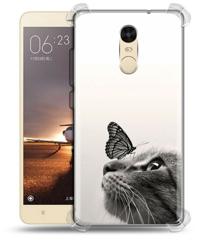Дизайнерский силиконовый с усиленными углами чехол для Редми Нот 4X / Xiaomi RedMi Note 4X Кот и бабочка