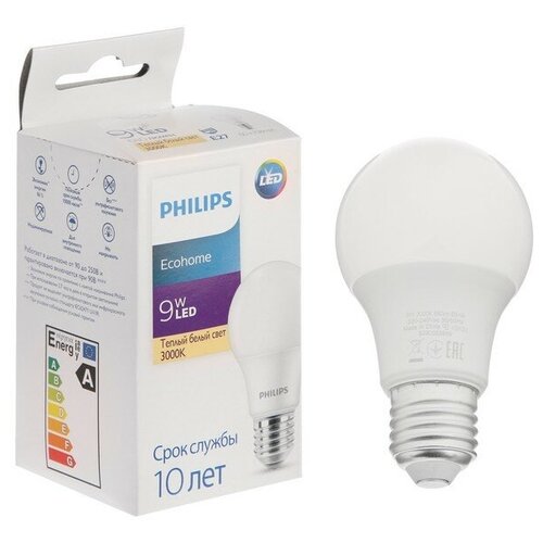 Лампа светодиодная Philips Ecohome Bulb 830, E27, 9 Вт, 3000 К, 680 Лм, груша