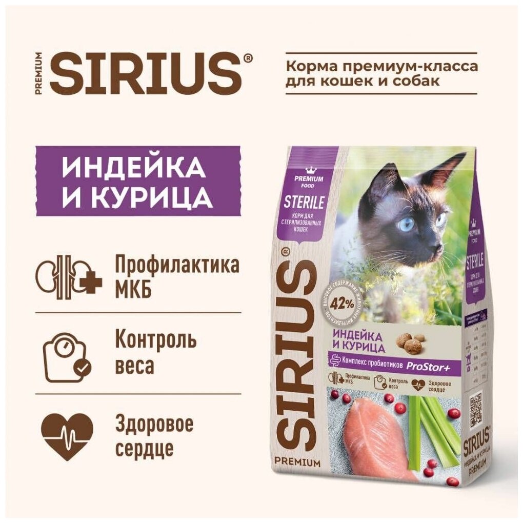 Сухой корм для стерилизованных кошек SIRIUS, индейка и курица 1,5 кг - фотография № 5