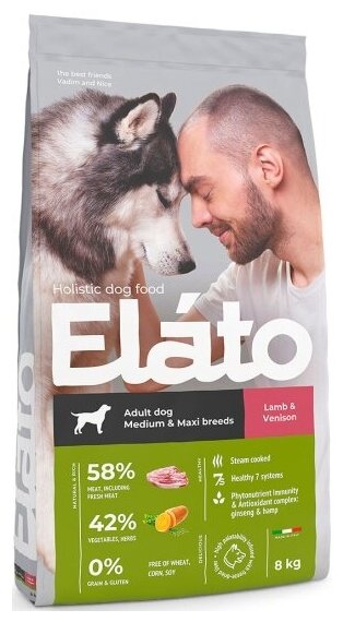 Полнорационный корм Elato для взрослых собак средних и крупных пород Holistic с ягненком и олениной, 8 кг
