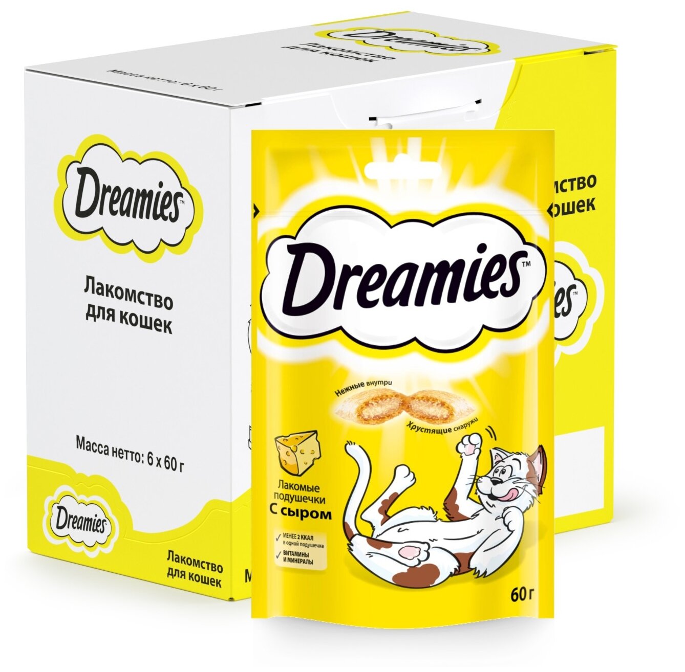 Лакомство для кошек Dreamies подушечки с сыром, 60г х 6 уп. (шоу бокс) - фотография № 1