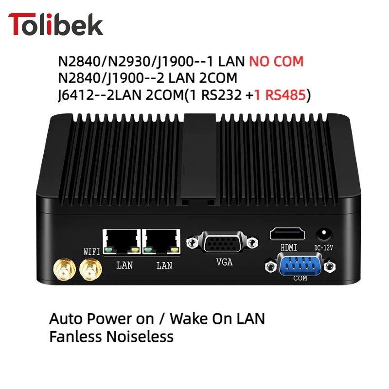 Мини-промышленный безвентиляторный мини-ПК Intel Celeron J6412 J1900 N2840 Dual Gigabit LAN HDMI VGA 4x USB IoT Windows10/7 Linux Debian, 2-LAN Celeron J1900, NO RAM SSD NoWIFI
