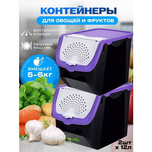 Контейнер пластиковый для ханения овощей и фруктов объем 12л. цвет-черный/фиолетовый-2 шт. черный, черный, фиолетовый