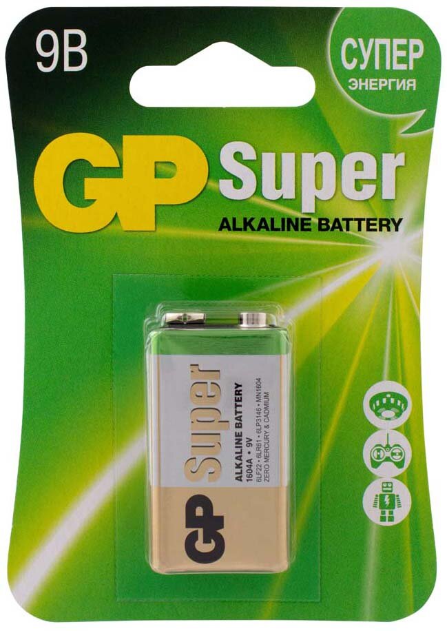 Батарейка GP "Крона" Super Alkaline, щелочная, рабочее напряжение 9.0В, типоразмер Крона