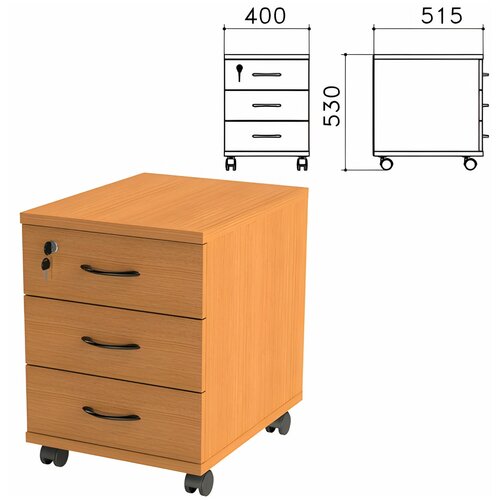 Тумба подкатная «Фея», 400×515×530 мм, 3 ящика, замок, цвет орех милан, ТФ07.5