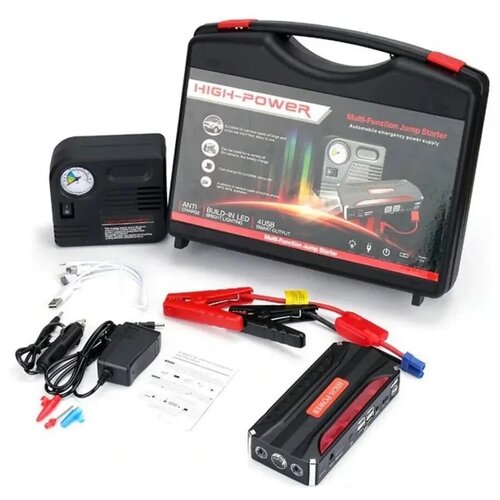 Портативное пусковое пуско-зарядное устройство для автомобиля Jump Starter 16800 mAh с переходниками для зарядки гаджетов и компрессором 4760₽